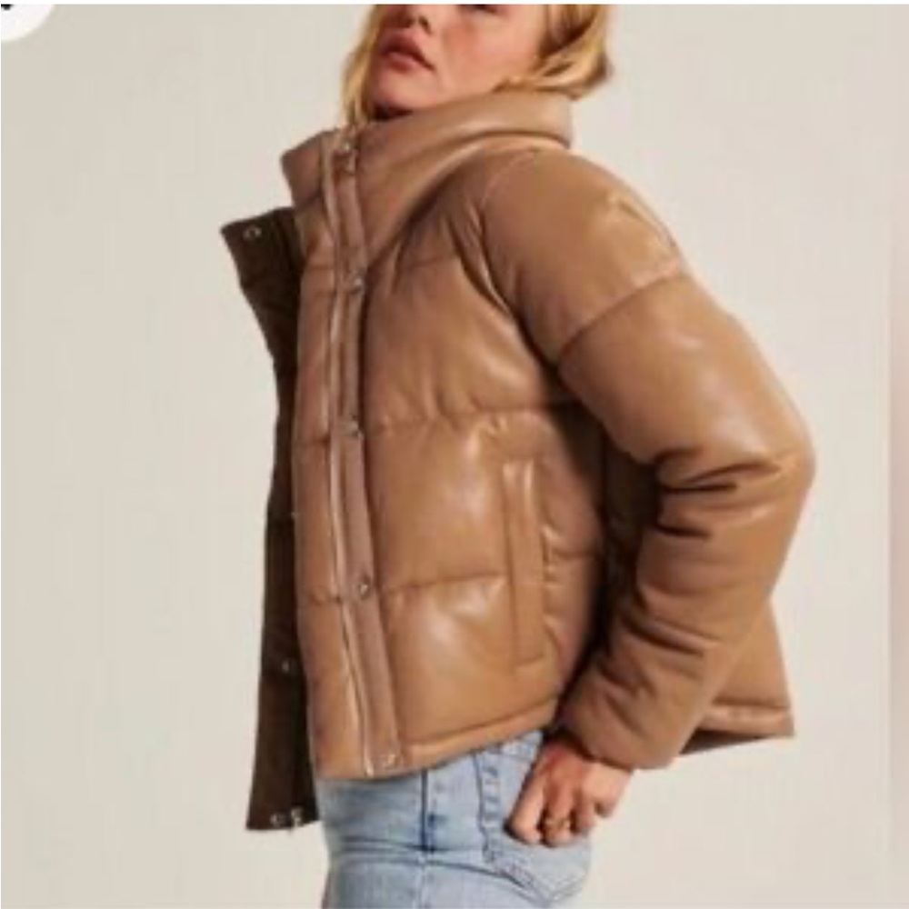 Abercrombie & Fitch Vegan Leather Puffer Coat Brown Size Large - Picture 2 of 8